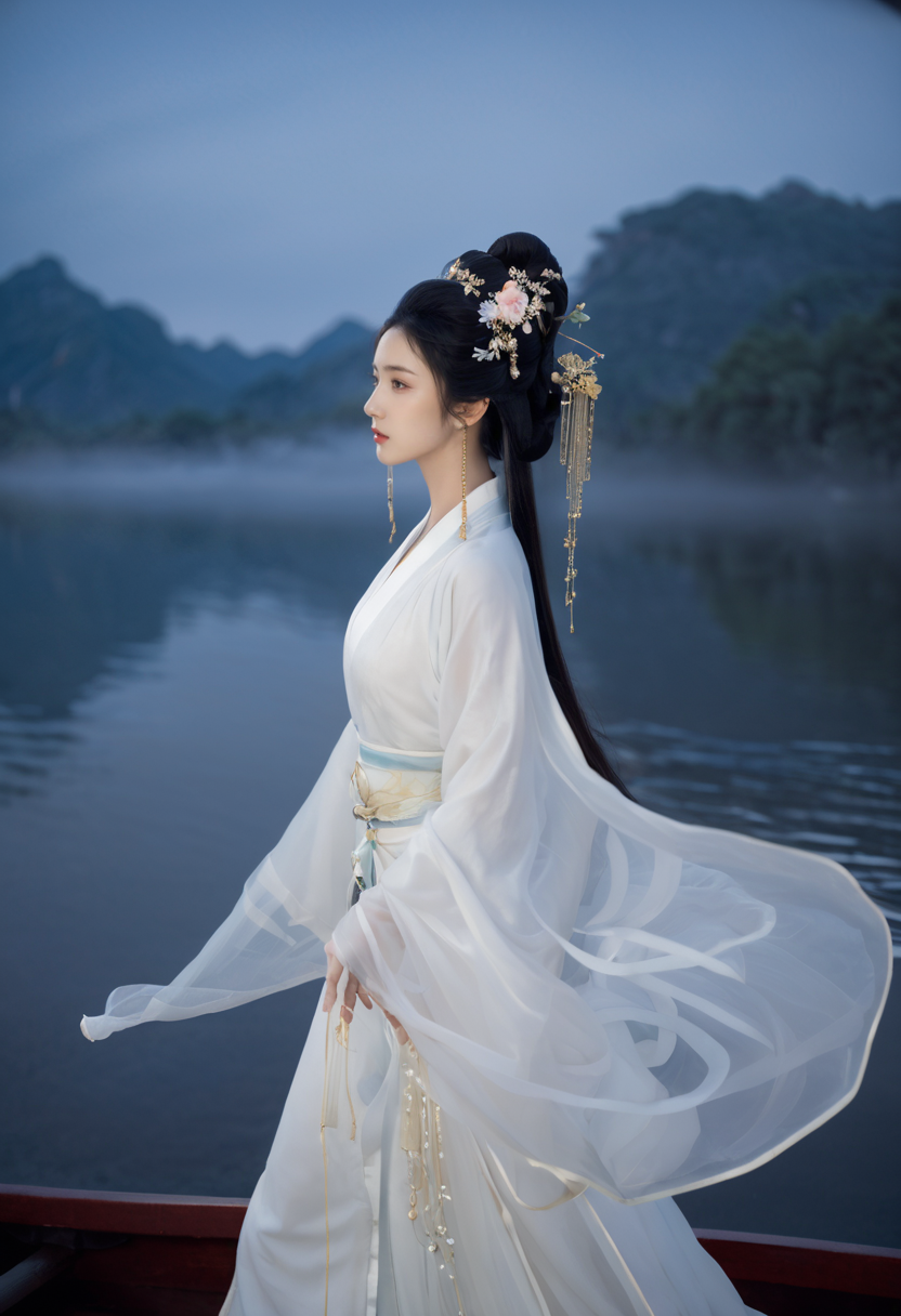 01892-401191403-(white_1.3)_Sitting on the small boat, very melancholic, watching(She performs in various settings such as a flower boat, courty.png